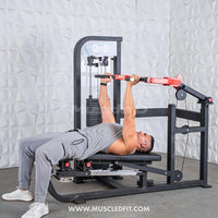 Thumbnail for Man lying on a black bench, pressing a red and black bar on a selectorized multi-press machine.