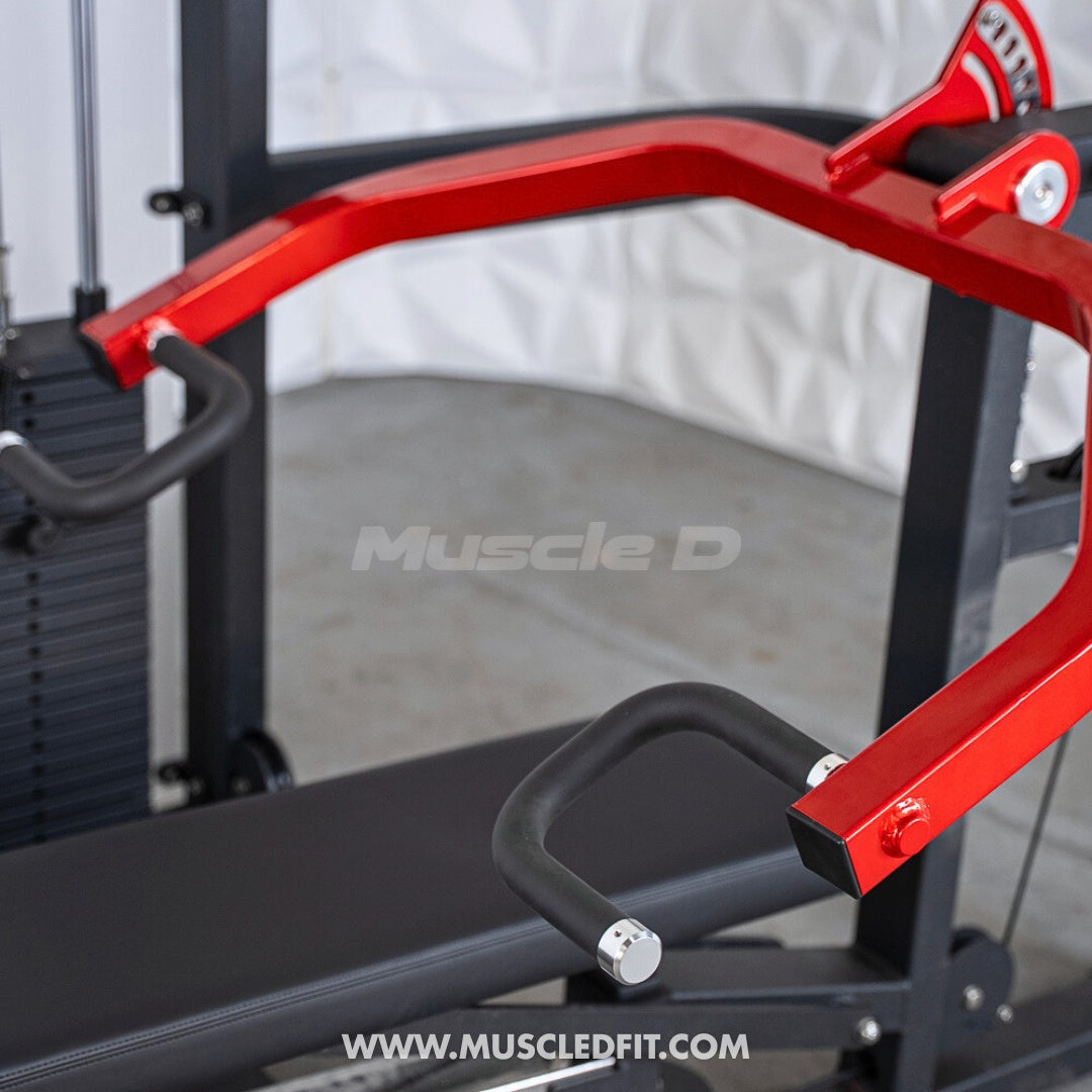 Close-up of a red and black selectorized multi-press machine with padded handles and a weight stack.