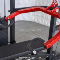 Thumbnail for Close-up of a red and black selectorized multi-press machine with padded handles and a weight stack.
