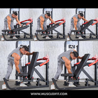 Thumbnail for Man adjusting the seat and backrest of a black and red multi-press chest and shoulder machine.