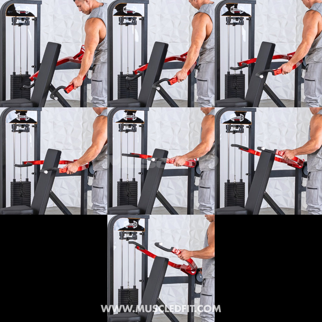 Man demonstrating the adjustable handles of a multi-press chest and shoulder machine.