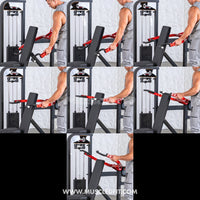 Thumbnail for Man demonstrating the adjustable handles of a multi-press chest and shoulder machine.