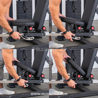 Thumbnail for Four-panel image showing a person adjusting the seat and backrest of a black multi-press machine.