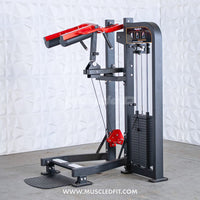 Thumbnail for Black and red selectorized standing calf raise machine with weight stack and padded shoulder rests.
