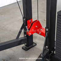 Thumbnail for Close-up of a black and red selectorized calf raise machine's pulley system and weight stack.