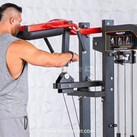 Thumbnail for Man adjusting a black and red standing calf raise machine with weight stacks and cables.