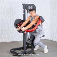 Thumbnail for Man using a black and red biceps/triceps combo machine, performing a biceps curl.