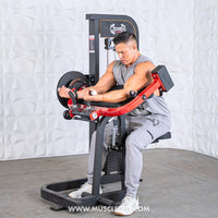 Thumbnail for Man using a black and red biceps/triceps combo machine, performing a biceps curl.