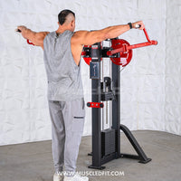 Thumbnail for Man using a black and red lateral raise machine with arms extended, viewed from behind.