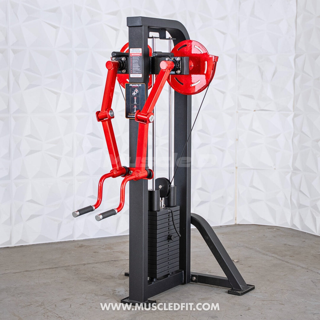 Black and red lateral raise machine with weight stack and padded handles on a white textured background.