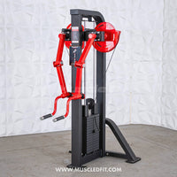 Thumbnail for Black and red lateral raise machine with weight stack and padded handles on a white textured background.