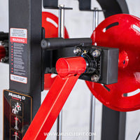 Thumbnail for Close-up of the red arm and black pivot point of a lateral raise machine.