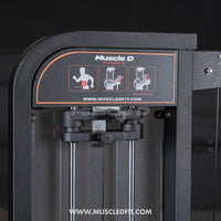 Thumbnail for Close-up of Muscle D Classic V2 abdominal crunch machine with exercise diagram and website.