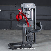 Thumbnail for Black and red selectorized triceps extension machine with padded seat and armrests.
