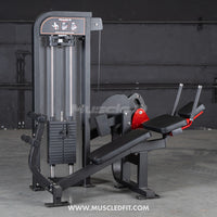 Thumbnail for Black selectorized abdominal crunch machine with red accents and padded seats.