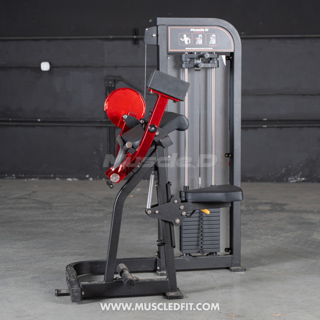 Black and red selectorized biceps curl machine with a 150lb weight stack.