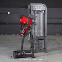 Thumbnail for Black and red selectorized biceps curl machine with a 150lb weight stack.