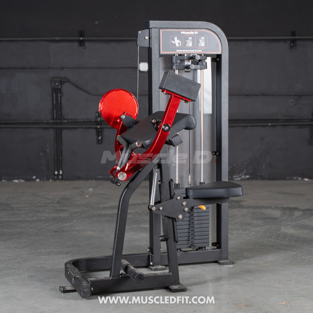 Black and red selectorized biceps curl machine with a weight stack, seat, and arm pads.