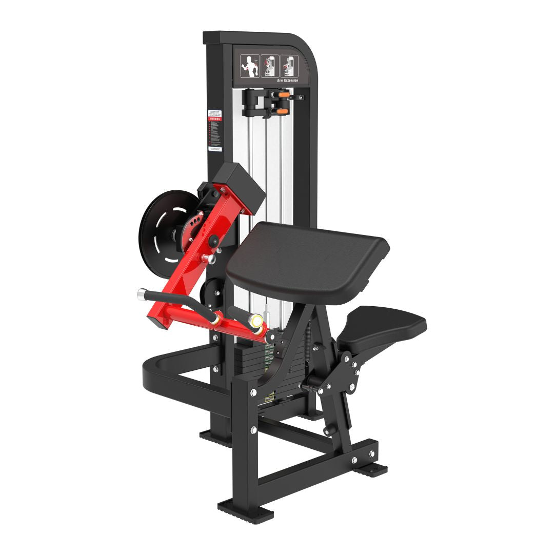Black and red selectorized biceps/triceps combo gym machine with padded seat and armrest.