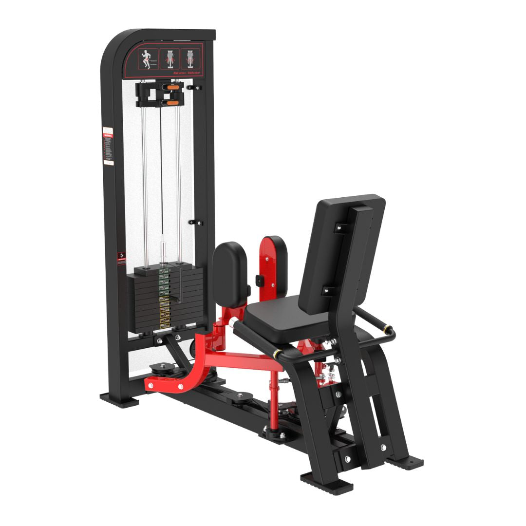 Black and red selectorized inner/outer thigh combo machine with weight stack and padded seat.