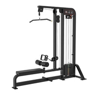Thumbnail for Black selectorized lat pulldown and low row combo machine with weight stack and attachments.