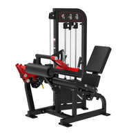 Thumbnail for Black and red selectorized leg extension and seated leg curl combo machine on a white background.