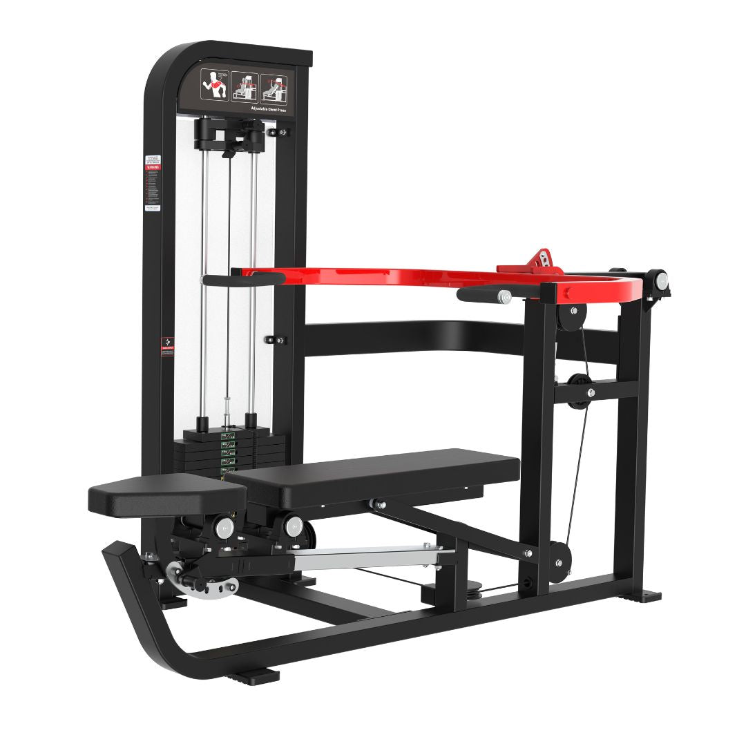 Black and red selectorized multi-press chest and shoulder press machine with weight stack and padded seat.