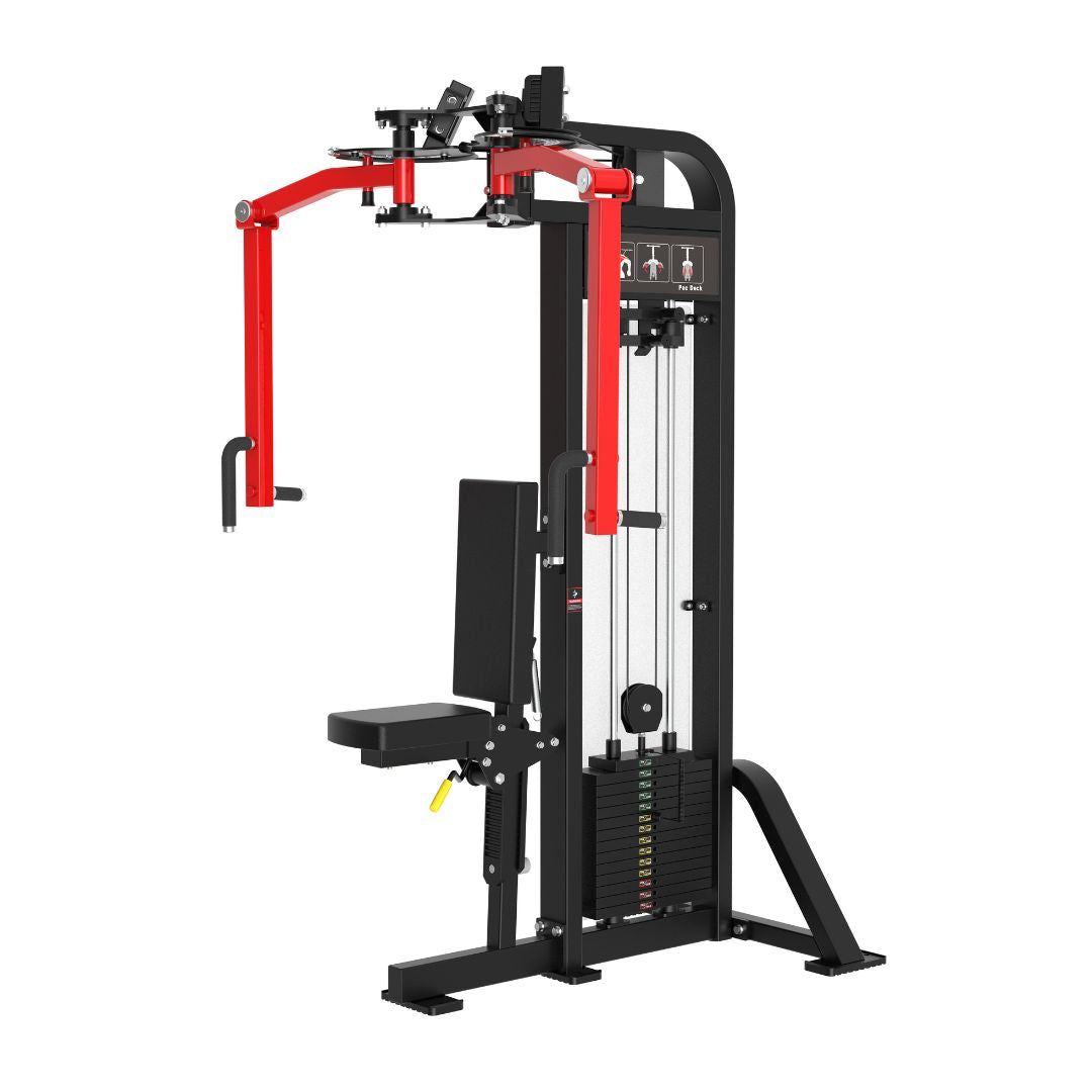 Black and red pec/rear delt combo machine with a weight stack and adjustable seat.
