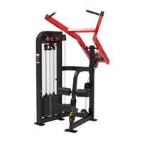 Thumbnail for Red and black selectorized seated lat pull machine with weight stack and padded leg rests.