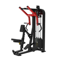 Thumbnail for Black and red selectorized seated row machine with multi-grip handles and weight stack.