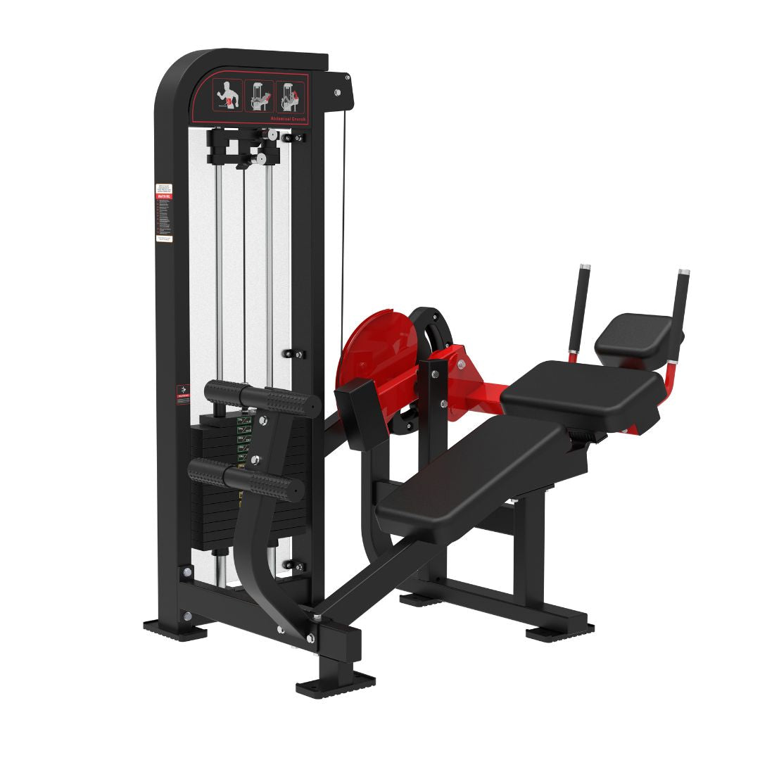 Black and red selectorized abdominal crunch machine with weight stack and padded seat.
