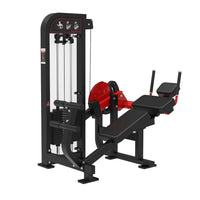 Thumbnail for Black and red selectorized abdominal crunch machine with weight stack and padded seat.