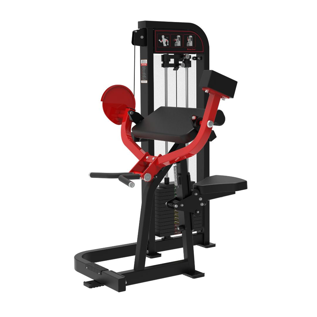 Black and red selectorized biceps curl machine with a weight stack, arm pad, and seat.