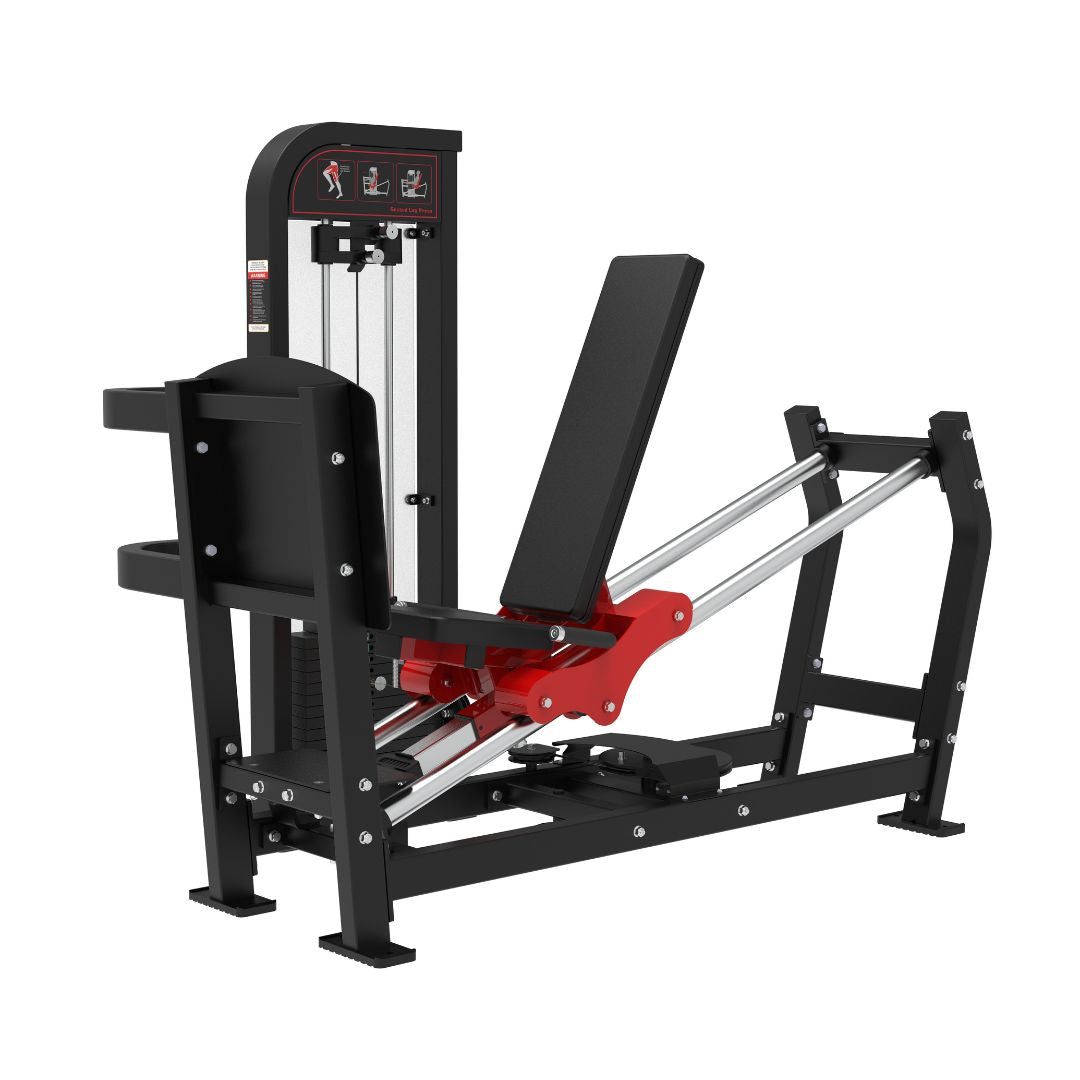 Black and red selectorized leg press machine with a 300lb weight stack, angled seat, and foot platform.