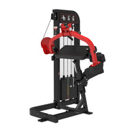 Thumbnail for Black and red selectorized triceps extension machine with weight stack and padded armrests.