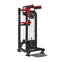 Thumbnail for Black and red selectorized standing calf raise machine with a weight stack and diamond plate foot platform.