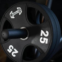 Thumbnail for Black 25lb urethane coated Olympic weight plate with 