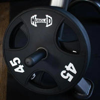 Thumbnail for Black 45lb urethane coated Olympic weight plate with 