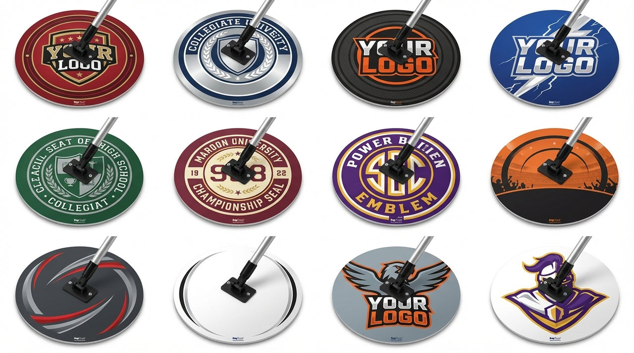 Twelve round sweat mops with various custom designs, each with a black handle attached.