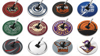 Thumbnail for Twelve round sweat mops with various custom designs, each with a black handle attached.