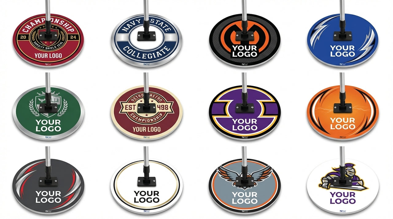Twelve round custom sweat mops with various designs and "YOUR LOGO" text.