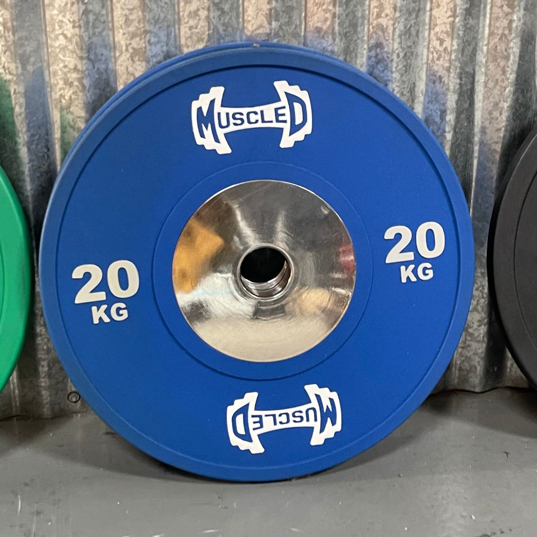 Blue 20kg urethane bumper plate with "MUSCLED" logo and smooth silver hub.
