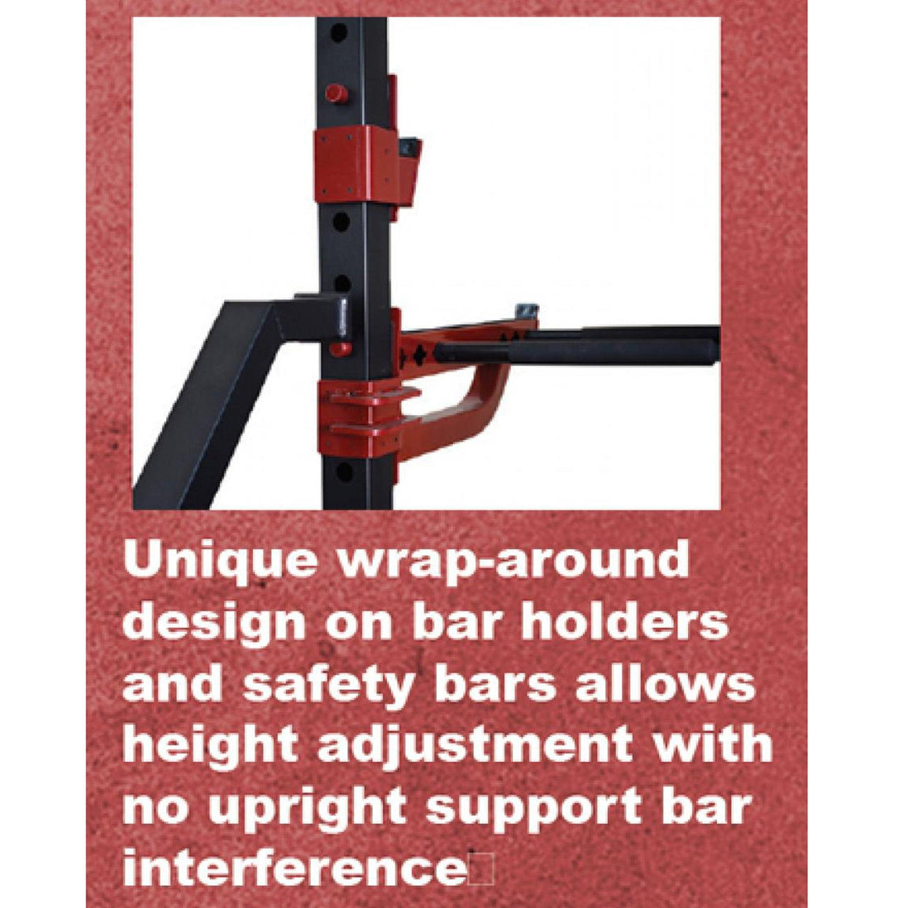 Close-up of a black and red half cage with a dip station attachment.