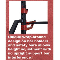 Thumbnail for Close-up of a black and red half cage with a dip station attachment.
