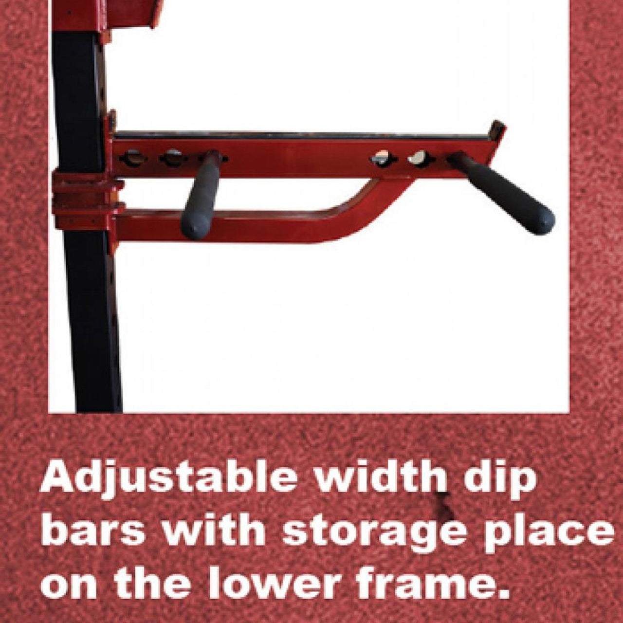 Close-up of a red and black adjustable dip bar attachment for a weight cage.