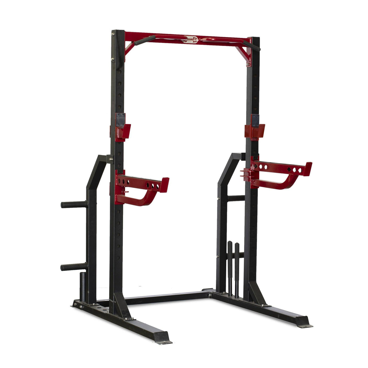 Black and red half cage power rack with bar and plate storage, dip station, and pull-up bar.