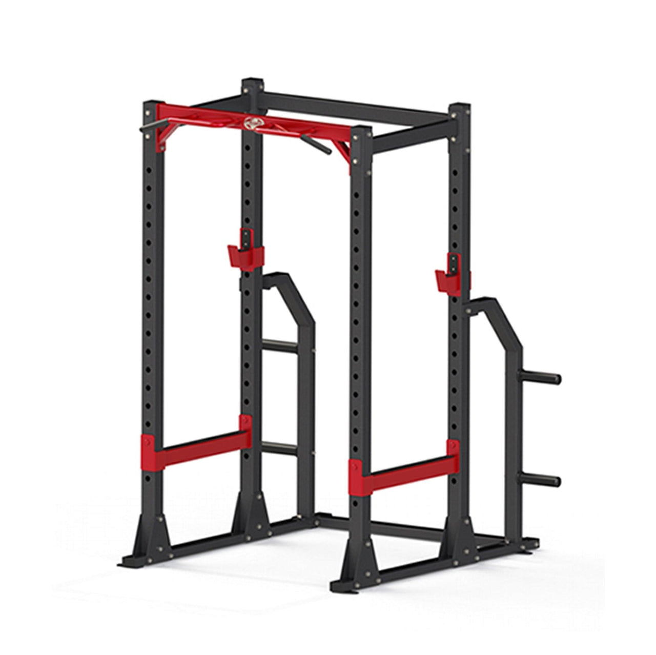 Black and red power cage with chin-up bar, adjustable squat rack, and weight plate storage.