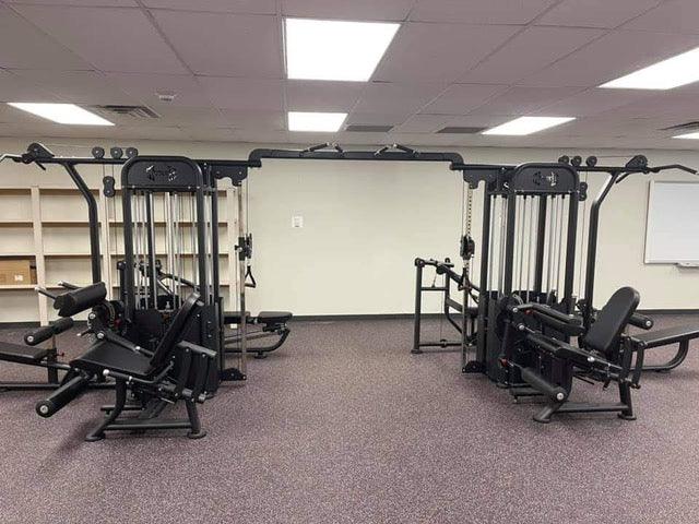 Black multi-gym with various exercise stations on a purple speckled floor in a room with white walls.