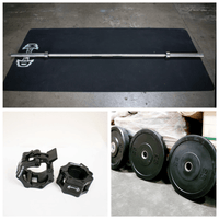 Thumbnail for Olympic bar, bumper plates (10lb, 25lb), and barbell collars.