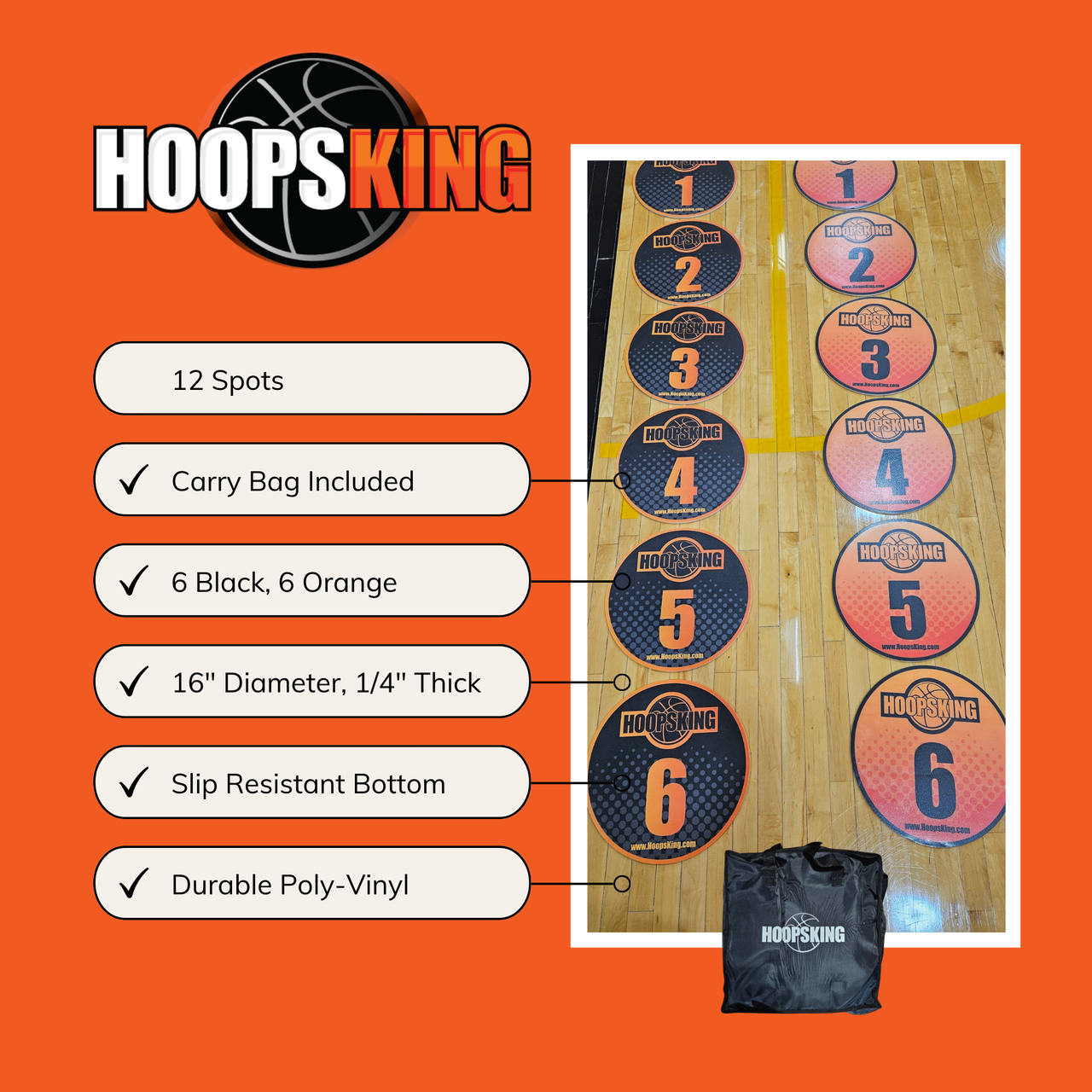 12 black & orange HoopsKing spot markers with numbers 1-6 on a court, plus a black carry bag.